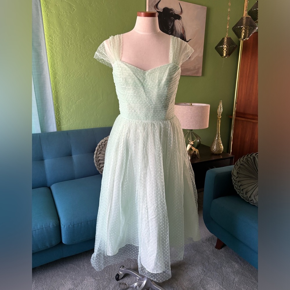 Vintage-Style Mint Green Midi Dress with Sheer Polka Dot Overlay